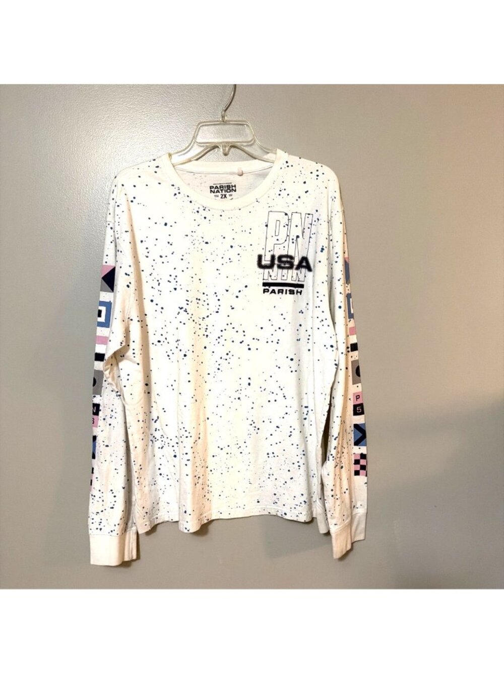 Parish Nation Mens Long Sleeve Graphic Tee Splatter Print USA 2X Cotton White
